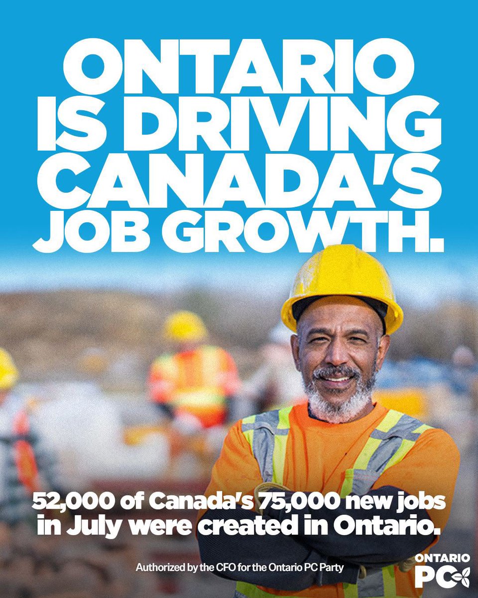 OntarioPCParty's tweet photo. Our PC government's plan to protect Ontario jobs is working!

Last month, Ontario added 52,000 new jobs, bringing the total to 119,000 net new jobs since April.

Doug Ford &amp; Ontario’s PC team will keep attracting investment, protecting our economy &amp; creating good-paying jobs. https://t.co/oKLV0m85MN