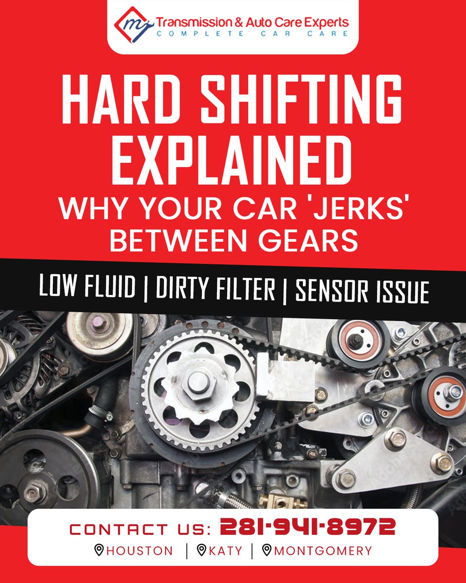 MyTransmissionX's tweet photo. Hard Shifting Explained
Why does your car "jerk" between gears?

• Low transmission fluid
• Dirty transmission filter
• Faulty sensor

#HardShifting #TransmissionRepair #TransmissionService #AutoRepairHouston #TransmissionExperts #Houston https://t.co/6B5nx9gBlQ