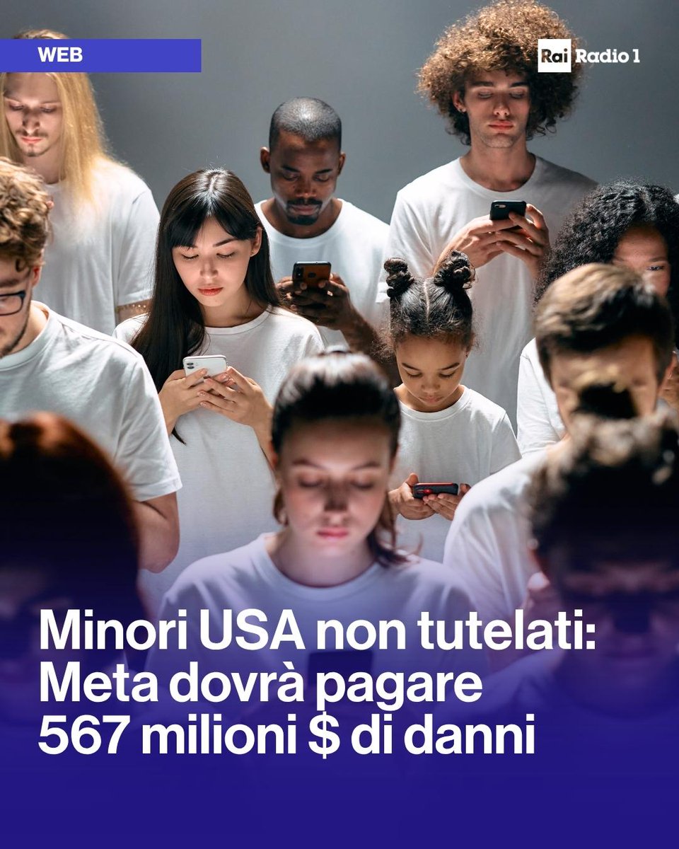 Radio1Rai's tweet photo. 🔵Negli Stati Uniti nuova #sanzione per #Meta: dovrà pagare 567 milioni di dollari per aver arrecato danni ai #minori, non proteggendoli sulle proprie piattaforme dai pericoli del web. La cifra si aggiunge ai 375 mln $ di sanzioni civili già disposte. https://t.co/8zcM52A455