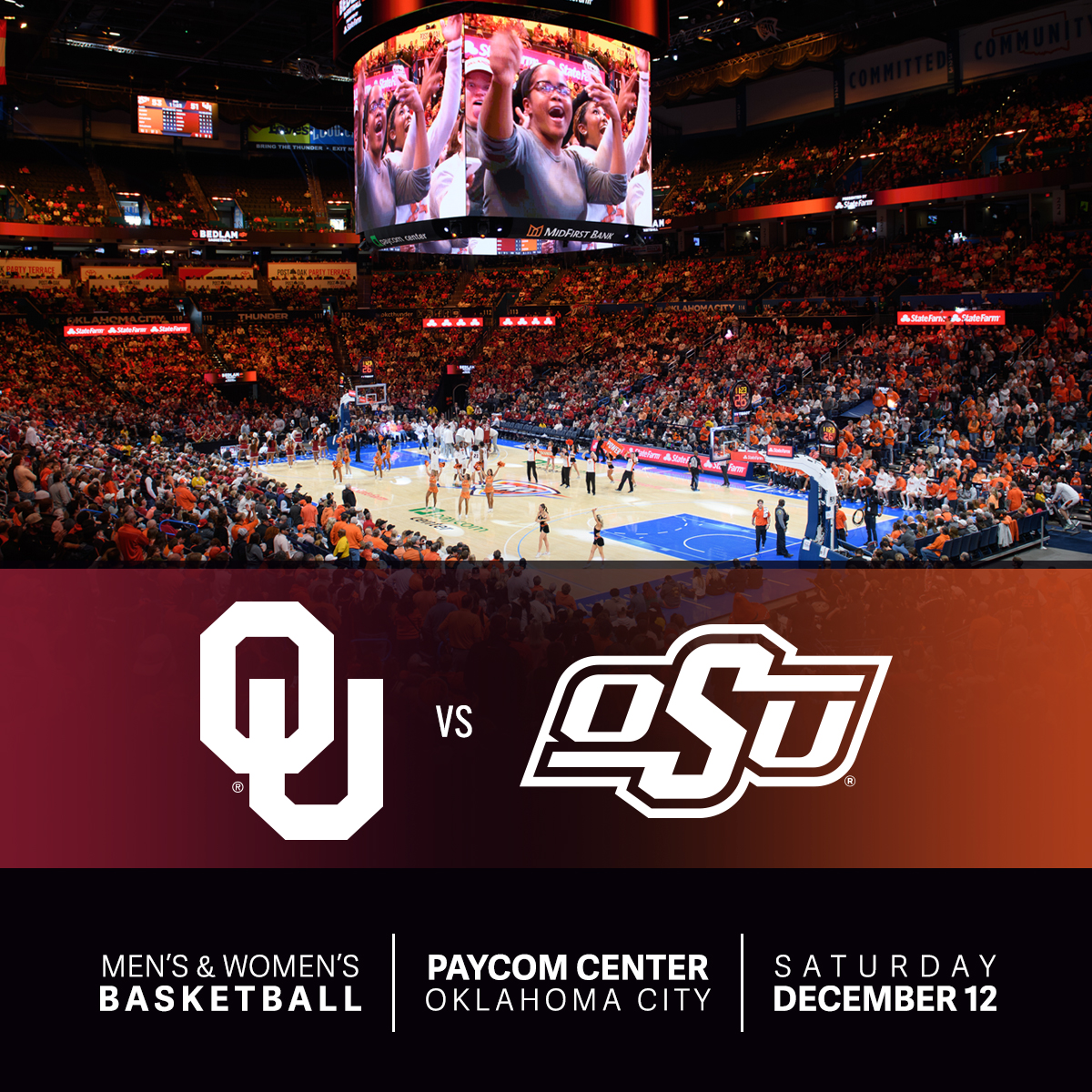 PaycomCenter's tweet photo. ON SALE NOW π¨ Bedlam Basketball returns to Oklahoma City! π Catch both the menβs and womenβs Bedlam matchups as OU and OSU battle it out at Paycom Center on Saturday, December 12.
Get your tickets today π https://t.co/HfP7HNKXRZ
#405LIVE | #PaycomCenter https://t.co/TI4iP8hzqX