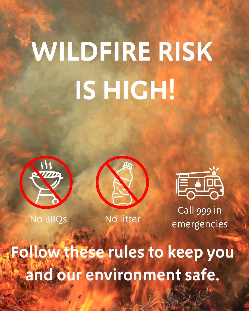 NaturalEngland's tweet photo. There is an exceptional risk of wildfires starting and spreading this weekend. ⚠️ 

If you are visiting the countryside, please follow this advice to reduce the risk of harm to people and nature. 

Please share this message to keep people and wildlife safe. https://t.co/sgmqO9QDIp