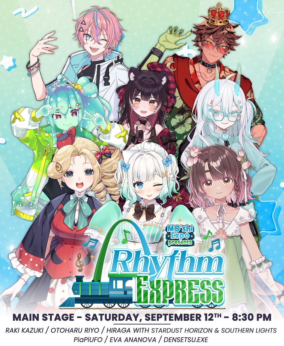 MOshiexpo's tweet photo. 【 ALL ABOARD THE RHYTHM EXPRESS! 】 

MO'shi Expo is proud to announce our first-ever concert with an incredible lineup!

@RakiKazuki
@OtoharuRiyo
@_Hiragaa with @Team_SDH &amp; @SLWota
@PiaPiUFO
@EvaAnanova
@MintFantome
@feebeechanchibi
@vickyroman_idol
@densetsuexe https://t.co/drcA4SNrrD