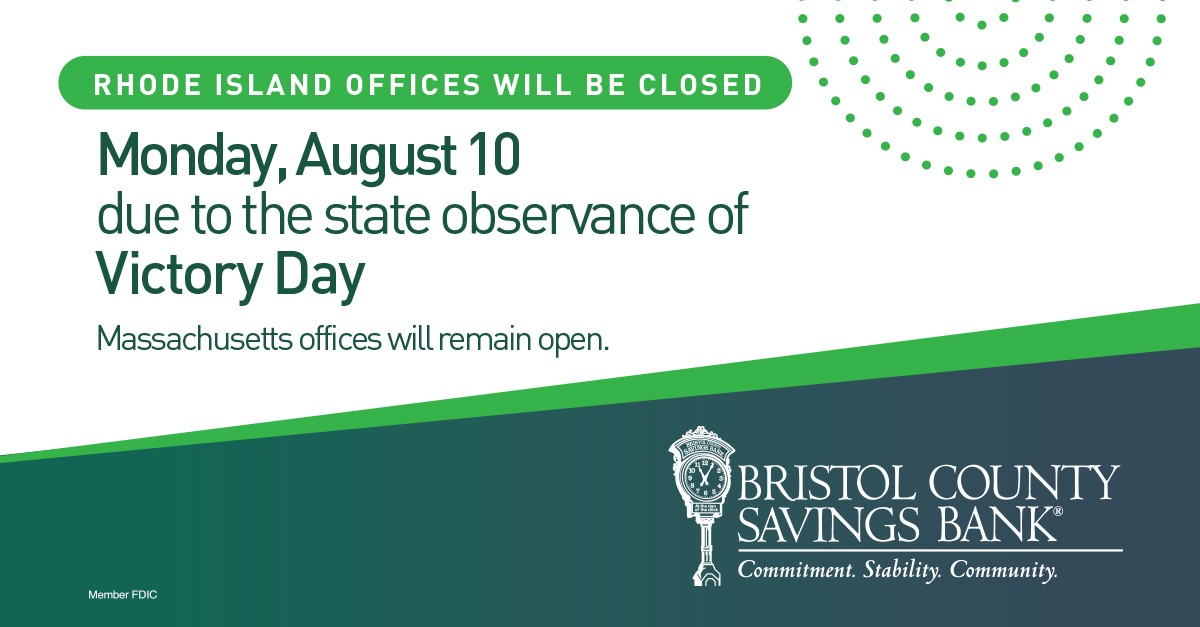 bcsb's tweet photo. Our Rhode Island offices will be closed on Monday, August 10th due to the state observance of Victory Day. Massachusetts offices will remain open. https://t.co/P0HoBBsVVF https://t.co/JnaqegLQ2c