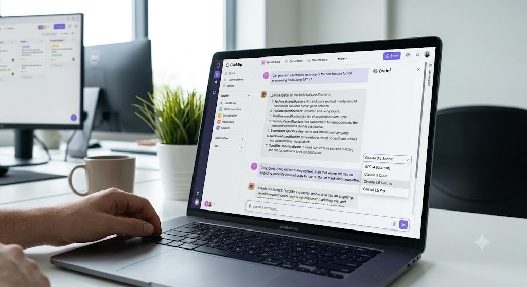 ttffkk1's tweet photo. Drafting a feature update in ClickUp Brain²? I used GPT-4 for tech specs, then switched to Claude mid-chat for a marketing spin. Brain² kept the context, delivering a stronger draft without me re-explaining a thing. #ClickUp #ClickUpBrain https://t.co/wmc0OdEKer