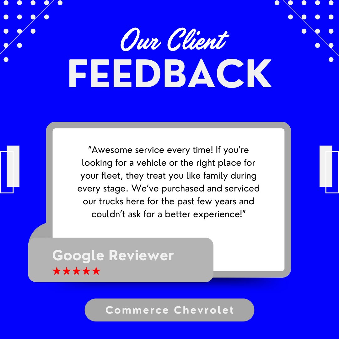 Commerce_Chevy's tweet photo. Thank you for your continued trust and support. We're glad our team consistently delivers great service and takes care of your fleet needs. We truly appreciate your loyalty. https://t.co/Jl2HlytPHL