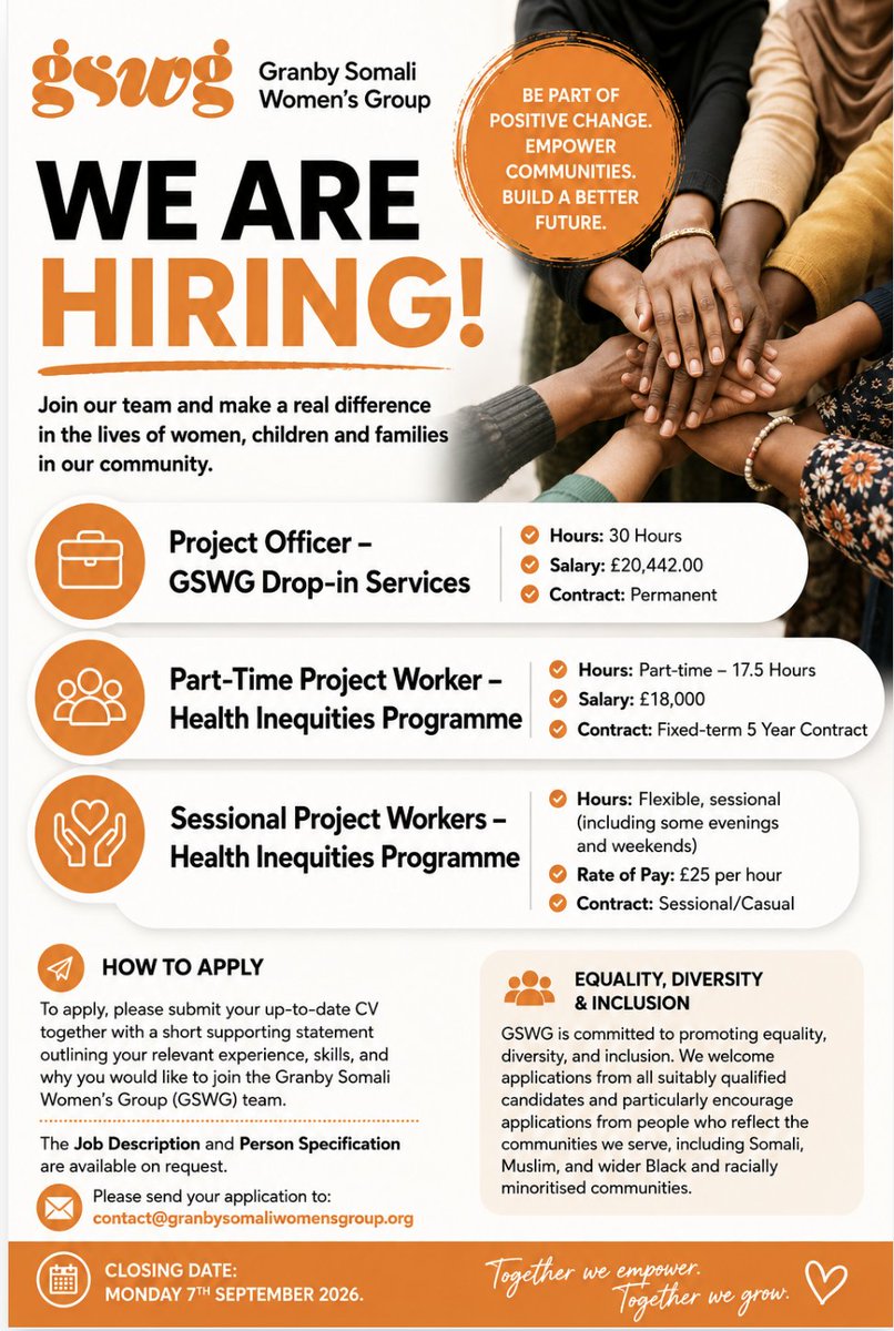 GSWG_charity's tweet photo. Exciting news: We are Hiring! We have several exciting opportunities to join the Granby Somali Women’s Group (GSWG) team and make a positive difference in our community.
If you’re interested, we’d love to hear from you! #JobsInLiverpool #LiverpoolCommunity https://t.co/NhyuCcs1Mx