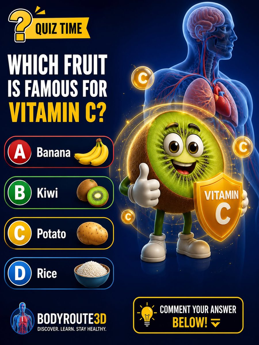 unzipairdrops's tweet photo. • AI creator
❓ Which fruit is famous for Vitamin C?
A) Banana 🍌
B) Kiwi 🥝
C) Potato 🥔
D) Rice 🍚 https://t.co/hKD4Iwmm45