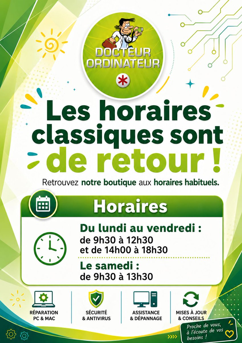 13700Docteur's tweet photo. 🎉 Bonne nouvelle Nos horaires habituels sont de retour !
🕘 Du lundi au vendredi : 9h30–12h30; 14h00–18h30
🕘 Le samedi : 9h30–13h30
Nous sommes heureux de vous retrouver pour vos réparations, dépannages, conseils et besoins informatiques. 
À très bientôt chez Docteur Ordinateur https://t.co/4RGzaiyEVf