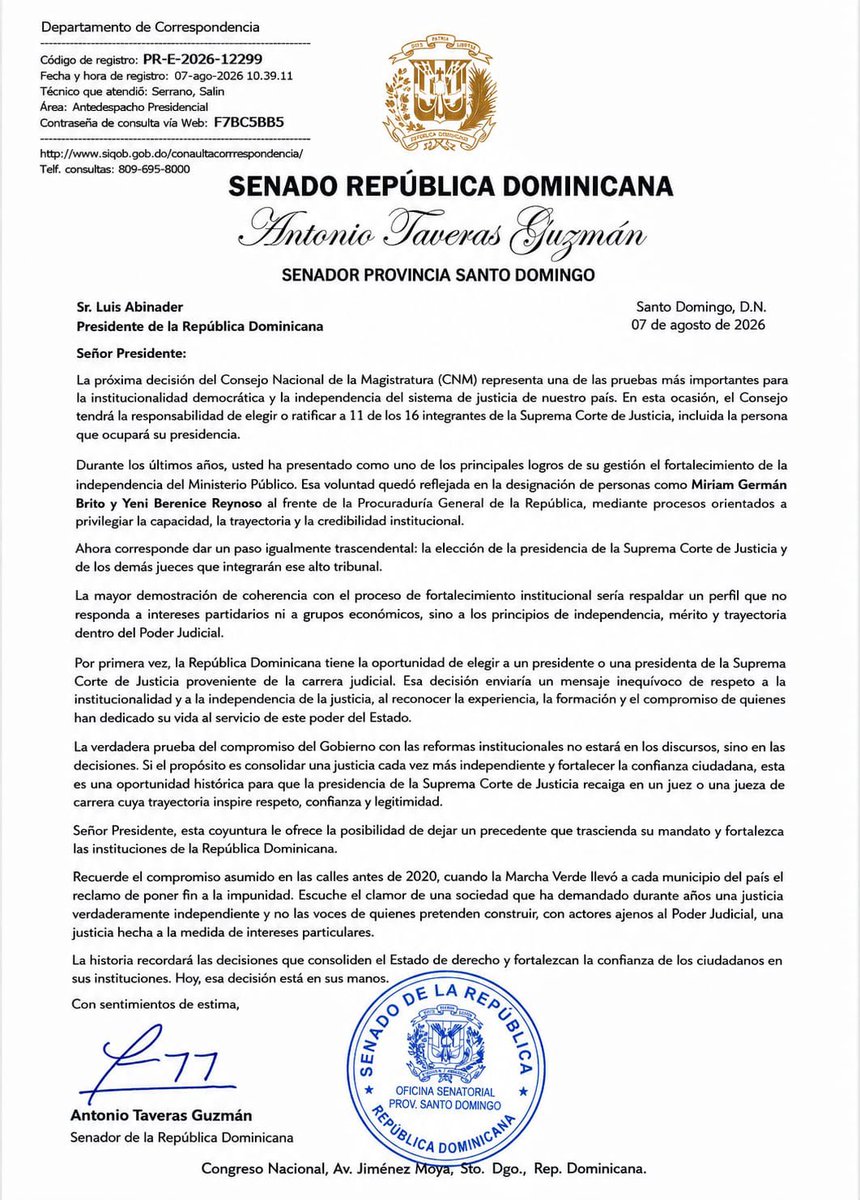 ATaverasGuzman's tweet photo. .@luisabinader escuche el clamor de la sociedad y no las voces de quienes pretenden construir, con actores ajenos al Poder Judicial, una justicia hecha a la medida de intereses particulares. 

Es hora de elegir un presidente de la Suprema Corte Justicia de la carrera judicial. https://t.co/H3c768qntW