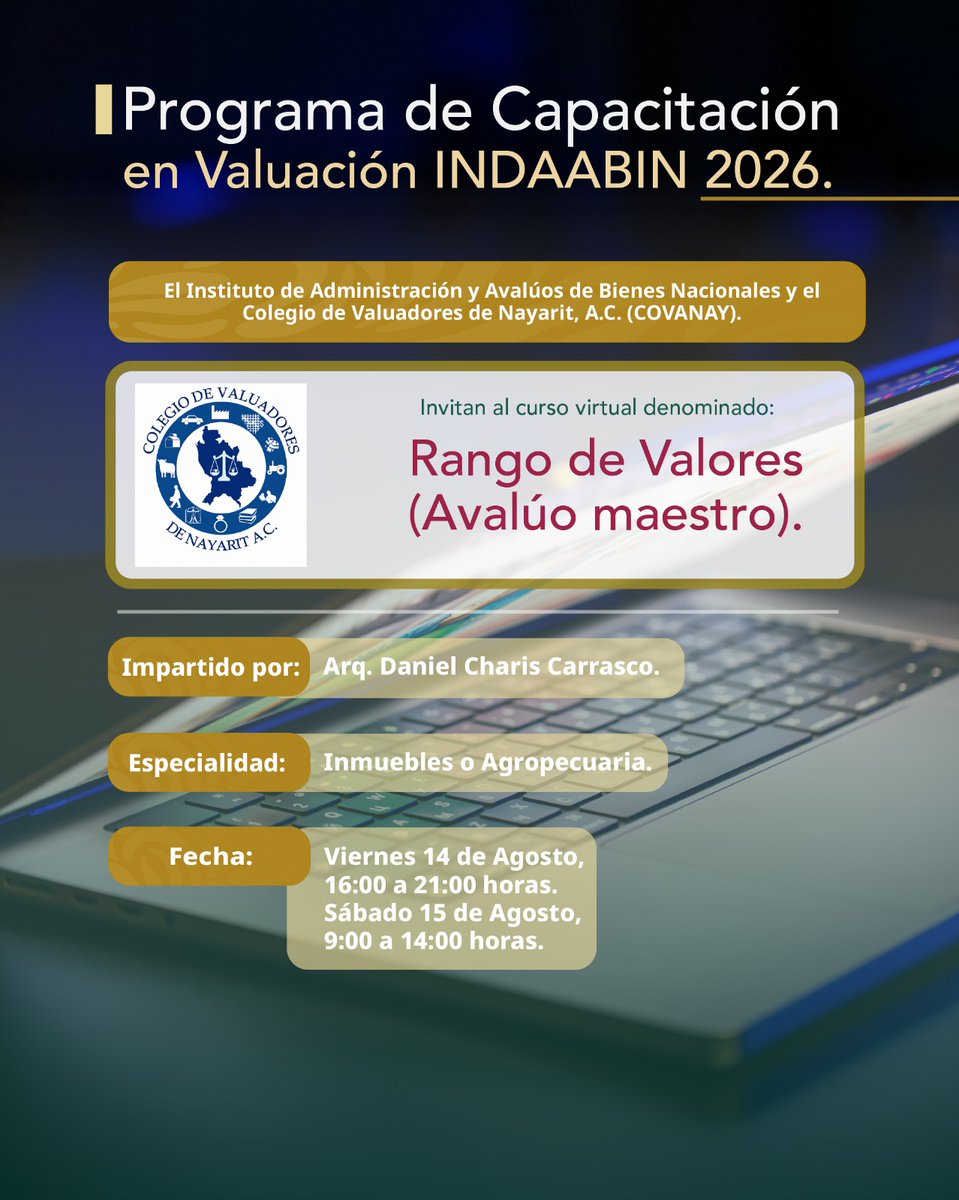 INDAABIN's tweet photo. Te invitamos a participar en el curso virtual del Programa de Capacitación en Valuación 2026.

“Rango de Valores (Avalúo Maestro).”

Informes: Lic. Perla Gutiérrez
Teléfono: 311 122 4751 / 311 115 7705
Correo electrónico: covanay@gmail.com https://t.co/lLZGBfHeaf