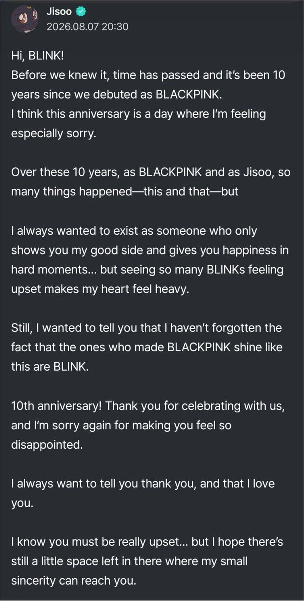 JISOOPOPBASE's tweet photo. JISOO left a message for fans on https://t.co/KoCYWCXK2u 🥹❤️‍🩹

FOREVER WITH JISOO
#ADecadeWithJISOO https://t.co/f3EOzyjaXz