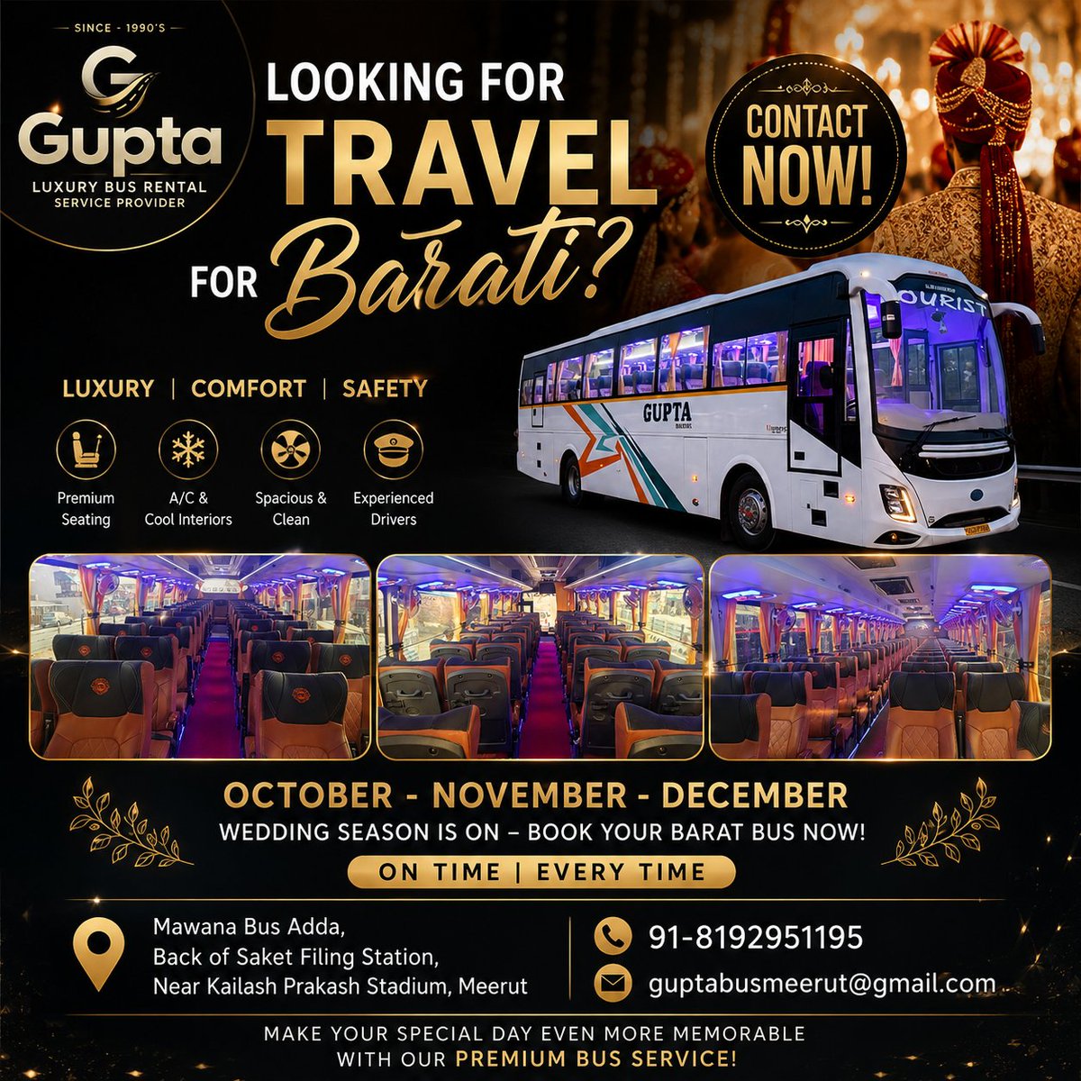 GuptaBusMeerut's tweet photo. Need a luxury bus for your Barati? 🚌
Choose Gupta Tourist Bus Service Meerut for reliable wedding transportation.
#Barati #WeddingBus #Meerut #BusRental #WeddingTransport https://t.co/r4hbTm3oMQ