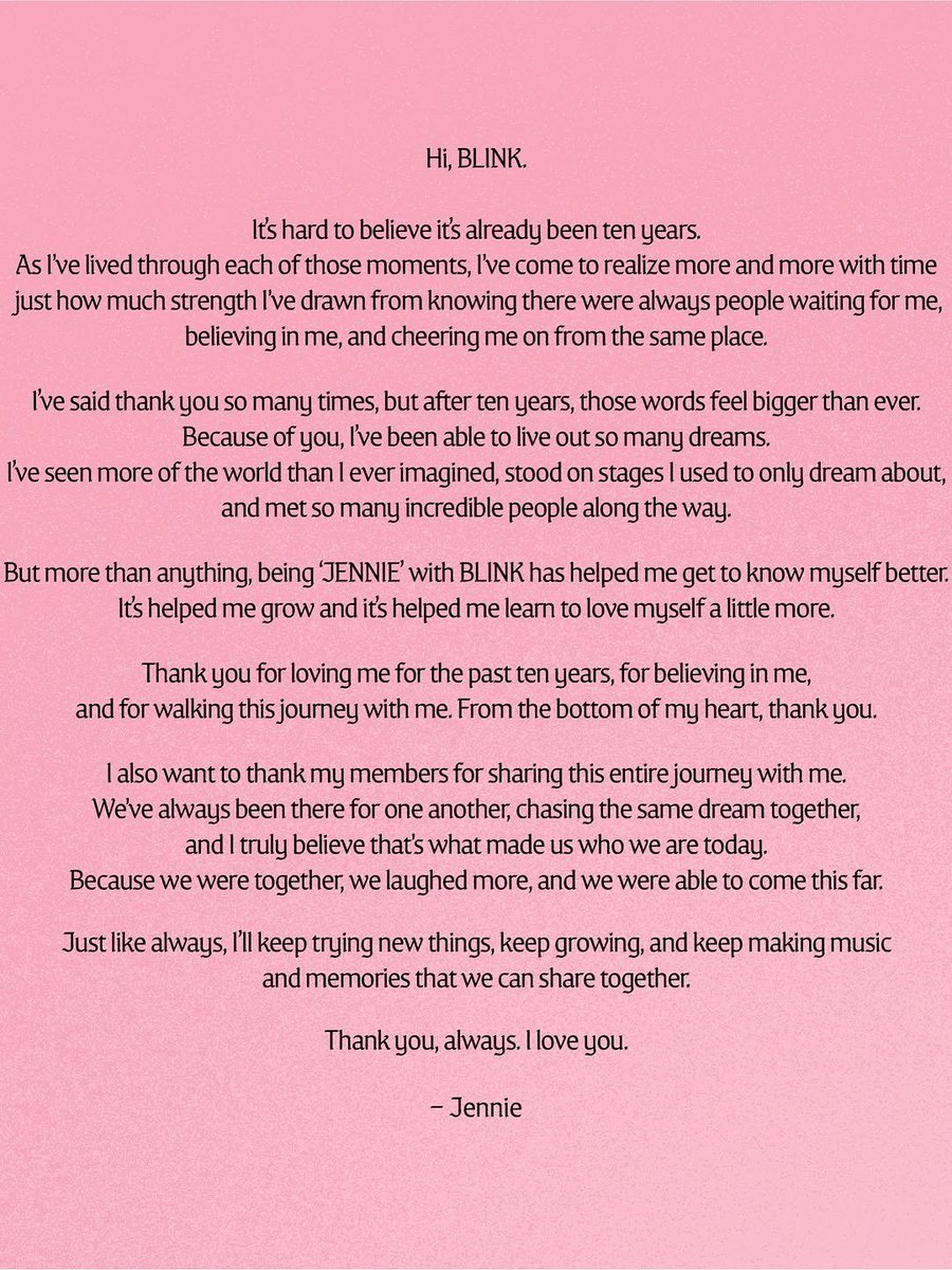 BBU_BLACKPINK's tweet photo. #JENNIE 10th anniversary message for BLINKs

DECADE WITH BLACKPINK
#BLACKPINK10thAnniversary #BLACKPINK_FOURever
#10YearsWithBLACKPINK 
#10주년_블랙핑크_포에버 https://t.co/qEBQV7E5HK