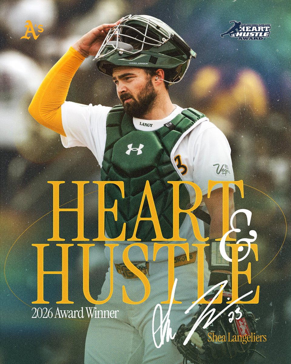 Athletics's tweet photo. Our 2026 Heart and Hustle award winner... Shea Langeliers 💚

Congratulations, Shea! https://t.co/fj8eFIOEdT
