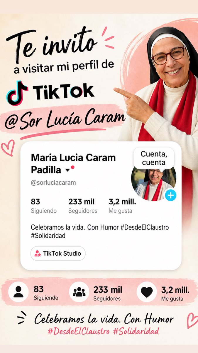 sorluciacaram's tweet photo. ¡Te invito a seguirme en las redes! ❤️

📲 TikTok e Instagram:
@SorLuciaCaram https://t.co/VY5x7AAtid