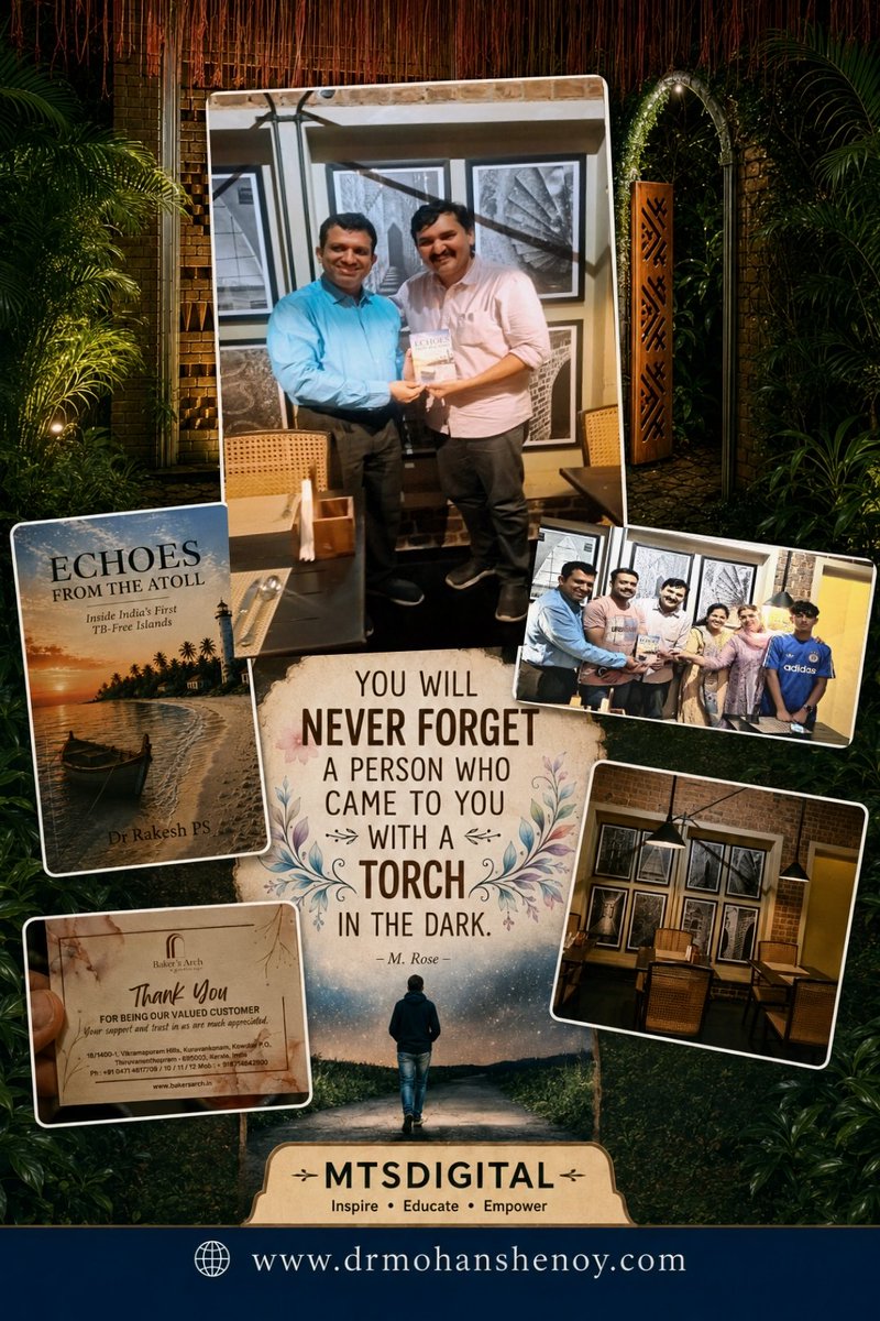 monty_doc's tweet photo. Delighted to receive a copy of 
"Echoes from the Atoll: Inside India's First TB-Free Islands" by my dear friend Dr Rakesh P S during our get-together  Baker's Arch, Kuravankonam, on 6 August 2026

Kudos, wishing the book a wide readership! 📖 😊

#Friendship  #EchoesFromTheAtoll https://t.co/1Z4VE5fD11