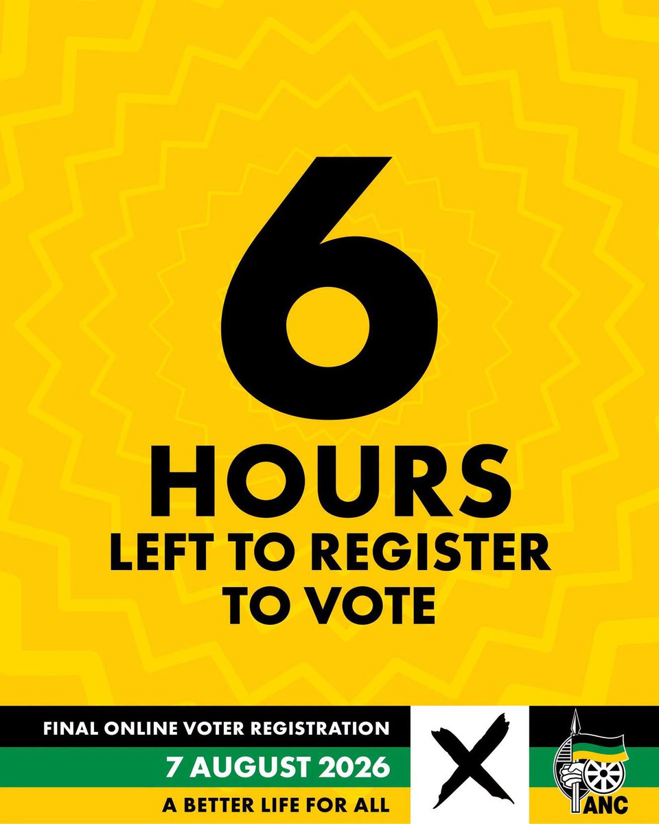 ANCECape's tweet photo. ⏰ 6 hours to go.
There's still time to register to vote or update your registration details online.
Online registration closes at midnight tonight. Don't miss your opportunity to be ready to vote.
#RegisterToVoteANC #LGE2026 https://t.co/yLzefOzVVa