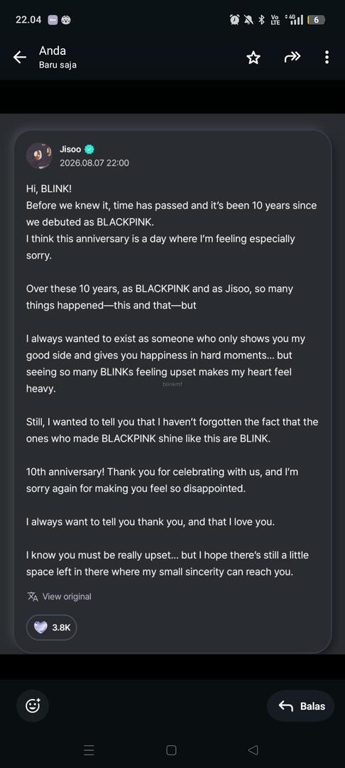 blinkmf's tweet photo. Jisoo! 
"Aku selalu ingin menjadi seseorang yang hanya menunjukkan sisi baikku dan memberikan kebahagiaan di saat-saat sulit. tapi melihat begitu banyak BLINK yang merasa sedih membuat hatiku terasa berat." 

Jujur nangis banget bacanya https://t.co/8FQRBjmDqi