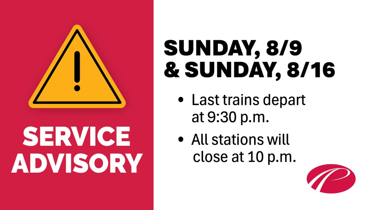RidePATCO's tweet photo. ⚠️ Service Advisory for Sunday, 8/9 ⚠️

PATCO to end service early on 8/9 for project work at Woodcrest. The last EB and WB trains will depart at 9:30 p.m. and stations will close at 10 p.m. Regular service will resume at 4:30 a.m. Mon., 8/10.

🔗 https://t.co/rzUVpvcY9y https://t.co/eRm9b2jmxw