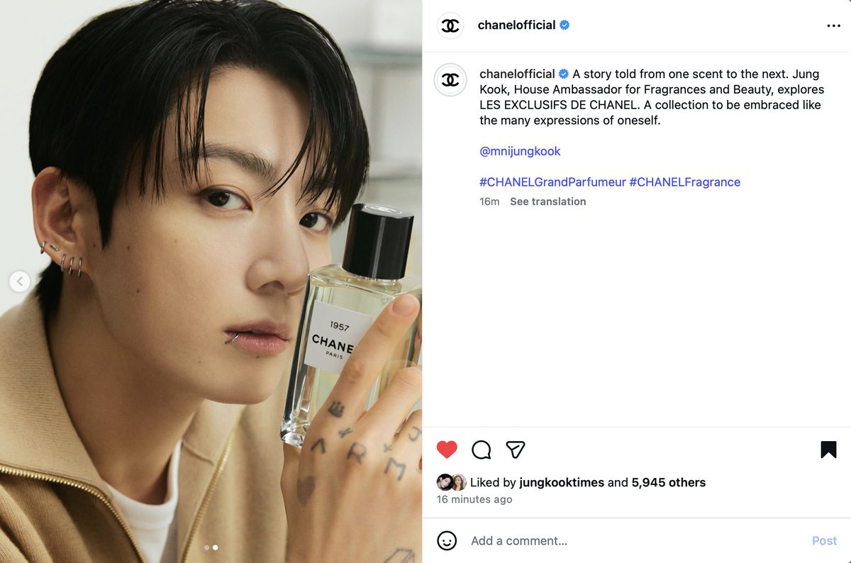 JJK_Times's tweet photo. Chanel Official Instagram:

A story told from one scent to the next. Jung Kook, House Ambassador for Fragrances and Beauty, explores LES EXCLUSIFS DE CHANEL. A collection to be embraced like the many expressions of oneself.

@/mnijungkook

#CHANELGrandParfumeur #CHANELFragrance https://t.co/ENLuylju2U
