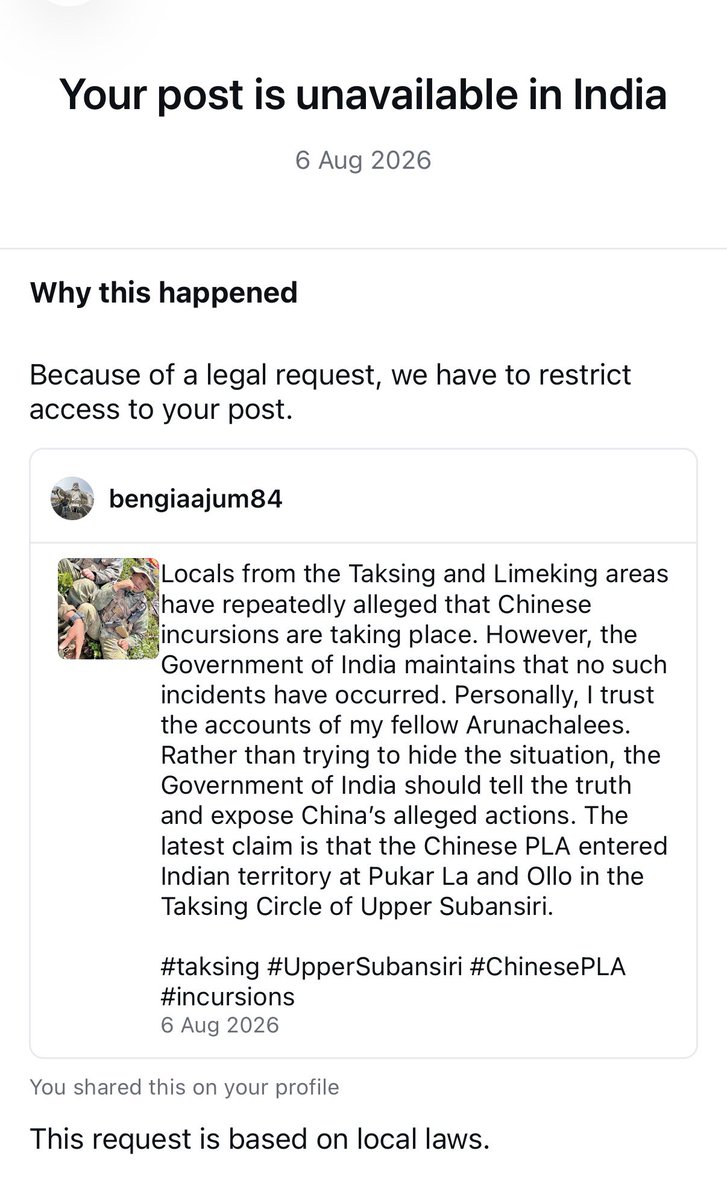 Bengiaajum's tweet photo. This is how censorship works. My Instagram post about the alleged Chinese incursion in Taksing has been restricted. Everyone knows who is behind it. But how long can the truth be hidden?  

#Taksing #UpperSubansiri #ArunachalPradesh https://t.co/G14qv6TuBt
