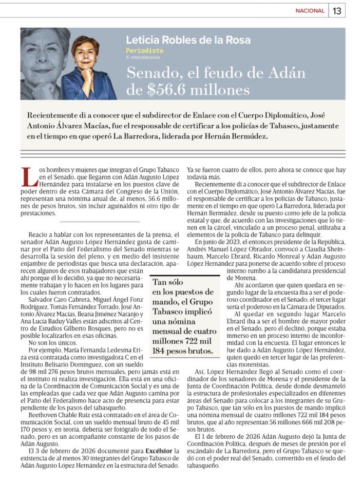 letroblesrosa's tweet photo. Desde septiembre del 2024 el Senado se convirtió en el feudo de Adán Augusto López Hernández.

Despidió a trabajadores que incluso tenían años de experiencia para dar lugar a su Grupo Tabasco.

Tan sólo 33 de ellos implican 56.6 mdp anuales de nómina.

https://t.co/KzNIPRjdqy https://t.co/TuesUCbzK4