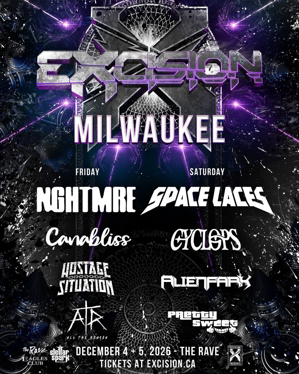 Excision's tweet photo. Milwaukee, we're bringing two massive nights to The Rave this December! 🔊  One &amp; Two day ticket options are on sale now! See you there! https://t.co/odtEGAKIdg
