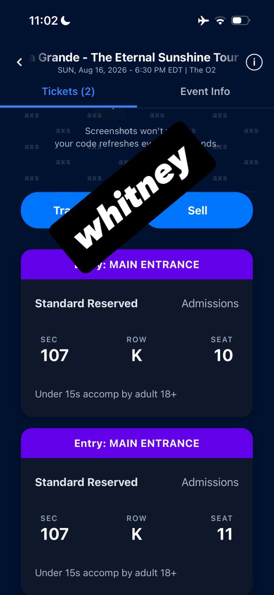 Whitney4everr's tweet photo. selling 3x section 107 row K seat 10,11 and 12 tickets for london n2 on 16/8 at the o2 arena
♡ £215.85 each
♡ Can sell them separately also
♡ please message me ONLY if you are interested in purchasing these tickets!
#arianagrandetour #ESTLondon #EternalSunshineTour #London https://t.co/j6nC2SDw8B