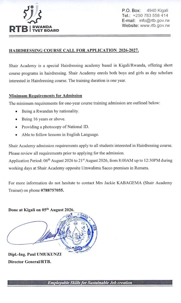 RTB_Rwanda's tweet photo. Turn your passion into a profession! 

The Rwanda TVET Board, through Shair Academy, is pleased to invite all eligible candidates to apply for the 2026/2027 Professional Hairdressing Course. Acquire hands-on skills, earn a professional qualification, and build a rewarding career in the beauty and aesthetics industry.

For more information, call: 0788 757 055. #NanjyeNdiTVET