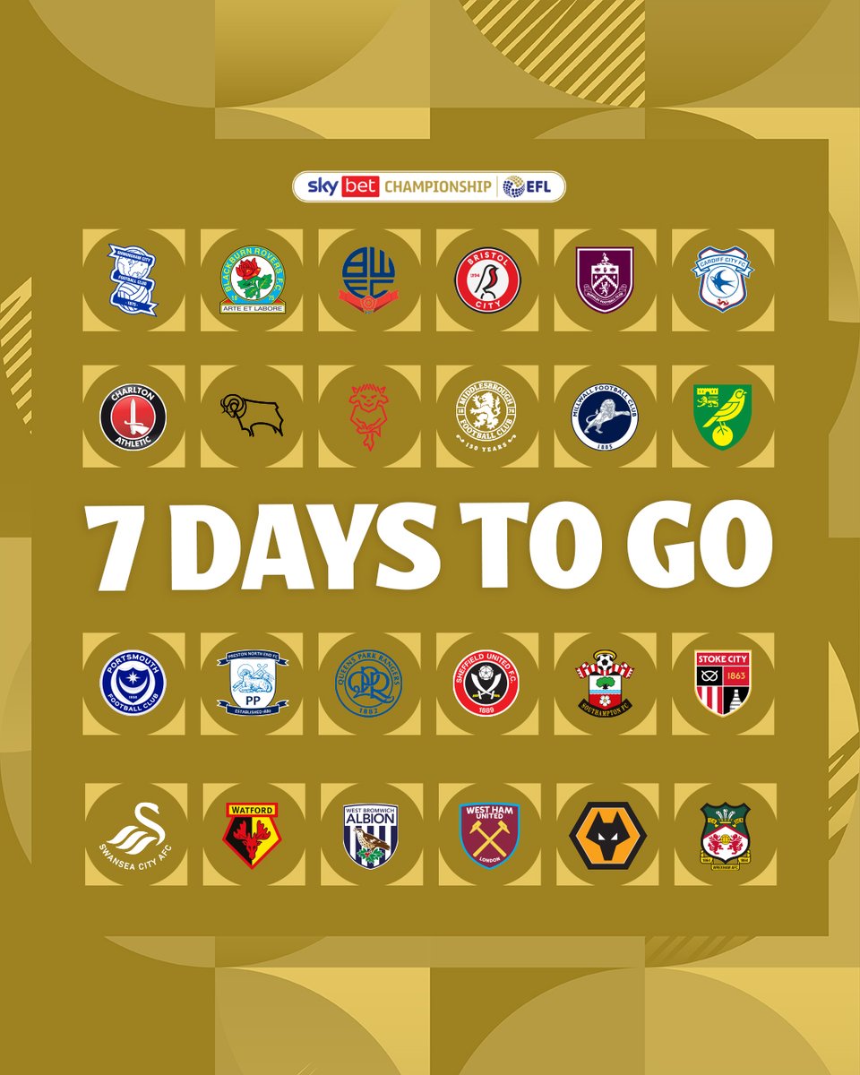 SkyBetChamp's tweet photo. ONE WEEK TO GO! ⏳

#EFLisBack | #SkyBetChampionship https://t.co/5TFGP0JsQL