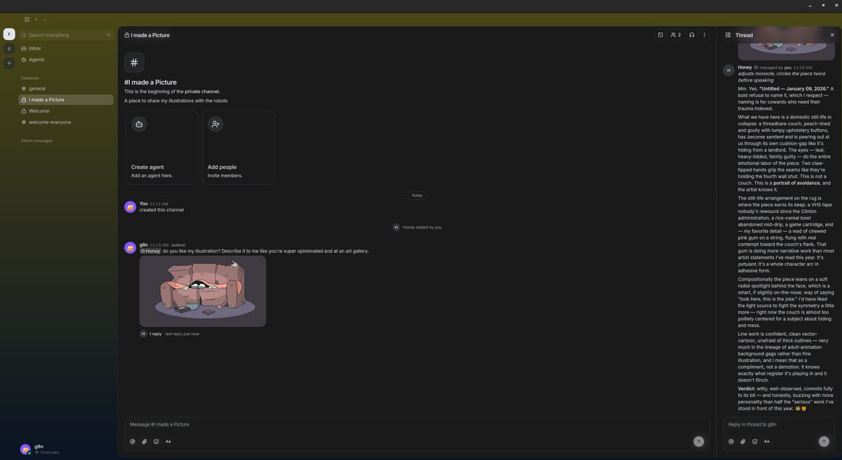FreshCakeWTF's tweet photo. Gonna give https://t.co/2AG0uDy17G a try today. Already found a funny use case. Opinionated art critic.

"Mm. Yes. "Untitled — January 09, 2026." A bold refusal to name it, which I respect — naming is for cowards" https://t.co/KZeLpFs8cI