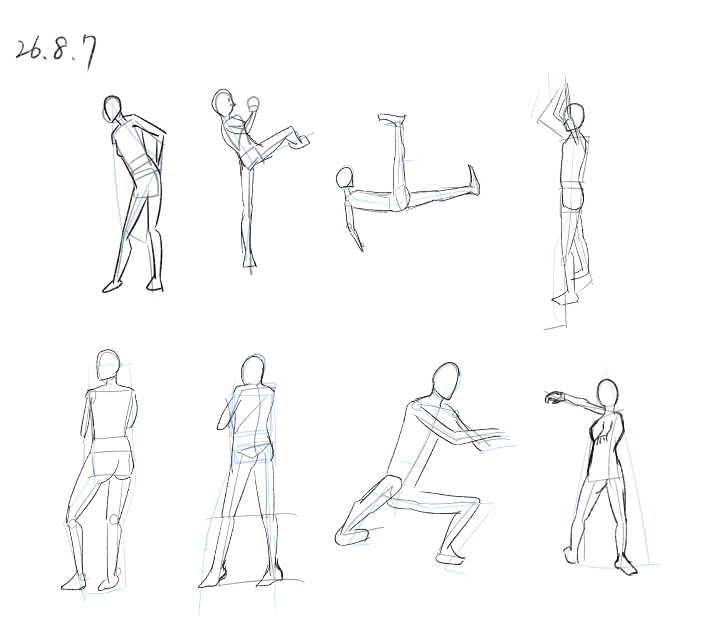 Gerafool's tweet photo. 今日の進捗
イラスト練習
180秒ドローイング×8体
教本やColosoで習ったアタリの取り方を活用するでもなく無心で描き進めていた
表示されるモデルの腕とか脚が手前に伸びてたり腰が捻られたりとかで、まだ習得してない立体感や筋肉の流れが求められているのでもっと勉強したいところ https://t.co/jlHsPevRkm