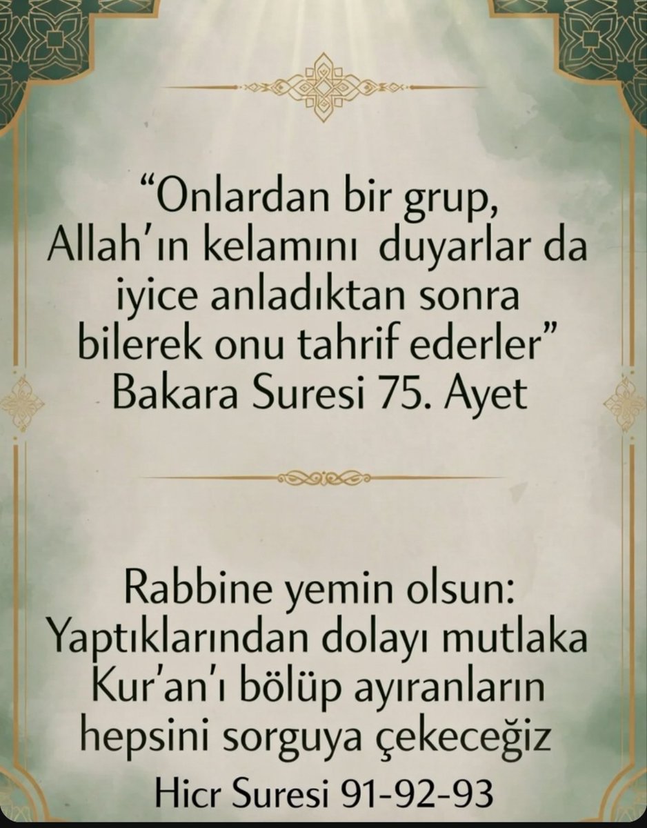 feeynetezhebuni's tweet photo. Görseldeki ayetler ilahi kelamı bölüp parçalayanları ve tahrif edenleri açıkça uyarıyor. Peki biz bugün neresindeyiz? Müslümanlar olarak Kur'an metninin değişmediğini söylerken; dinin anlamını, ruhunu ve yöntemini rivayetlerin ya da fıkıh külliyatlarının gölgesinde bırakarak manen tahrif etmiş olmuyor muyuz? Metni korurken manayı tüketme çelişkisini tartışmamız gerekiyor.