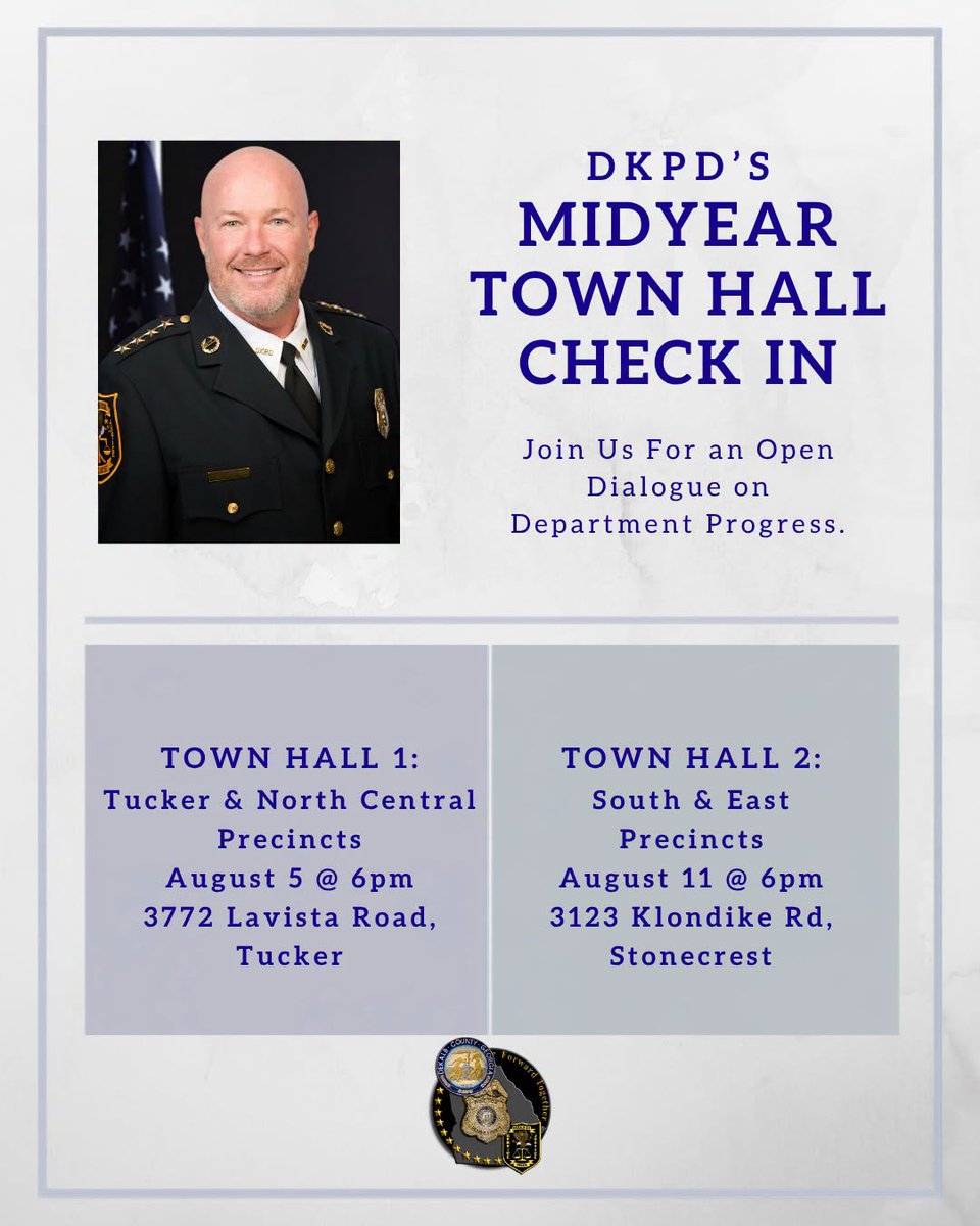 CommissionerMLS's tweet photo. 🚨 In case you missed it, District 2 — you have a second chance to make your voice heard! DKPD's Midyear Town Hall Check-In returns for the South & East Precincts on Tuesday, August 11 at 6 p.m., 3123 Klondike Road, Stonecrest. #DeKalbCounty #District2 #DKPD https://t.co/QOCcbFVBeB