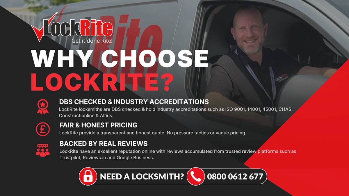 LockRiteLock's tweet photo. Why choose LockRite?

✅ DBS Checked &amp; Industry Accreditations
✅ Fair &amp; Honest Pricing
✅ Backed by Real Reviews

Need a trustworthy locksmith? Call us on 📞 0800 0612 677 or visit https://t.co/oExw9zi0cd today.

#LockRite #TrustedLocksmiths #ProfessionalService https://t.co/dTsc7n1glu
