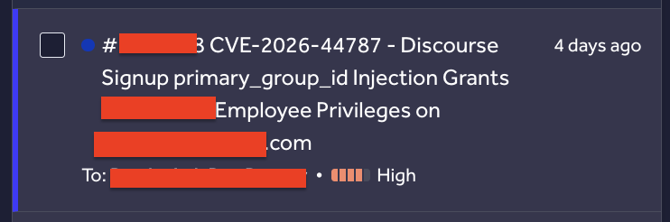 alp0x01's tweet photo. 1/4 🧵

🚨 CVE-2026-44787 (CVSS 7.2 High)

Discourse trusted user-controlled primary_group_id during signup, enabling restricted-group self-assignment and employee impersonation. If whispers_allowed_groups matches, private whispers may also be exposed. https://t.co/BeF1n6DVA2