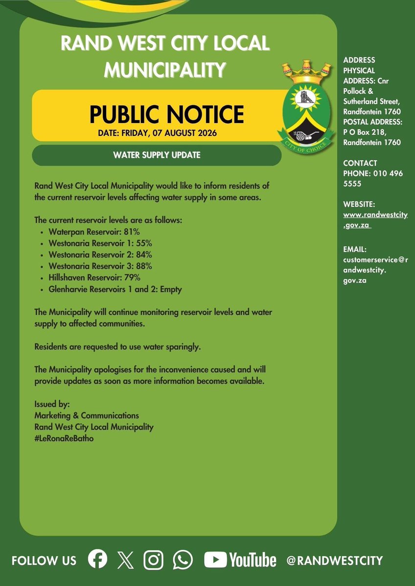 JacobMamaboloSA's tweet photo. Rand West City Local Municipality would like to inform residents about the current reservoir levels, which are affecting water supply in certain areas of the municipality. #BuildingSmartCities #LGTurnaround https://t.co/sctsAJnVye