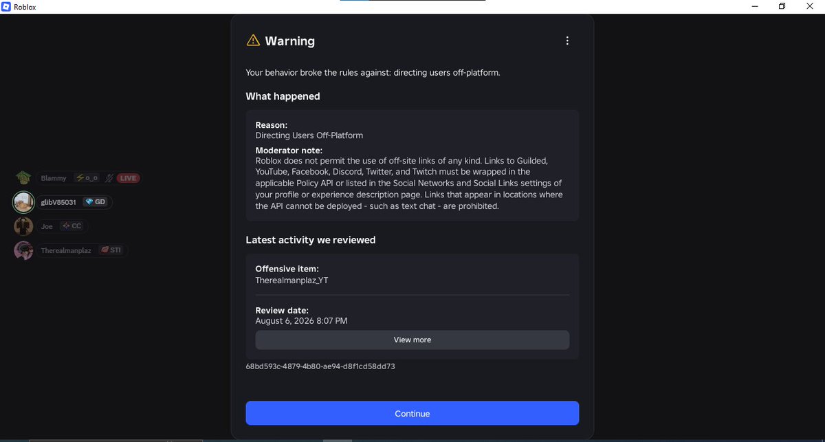 Therealmanplaz_'s tweet photo. GG @Roblox Roblox is now giving y'all warning for having YT https://t.co/z0BJSMH6go