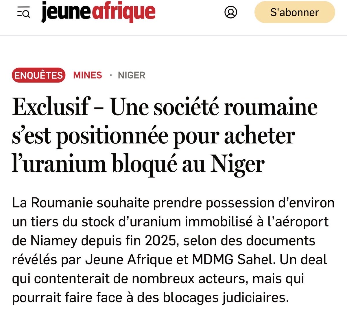 issoufoud94's tweet photo. I don’t think the transaction went through. The magazine - Jeune Afrique -targeted by the military -led governments in the Sahel highlighted the challenges ahead in this article . But , here instead of the legit 300tU , they are talking about Orano metric tons of yellowcake uranium stockpiled near Niamey