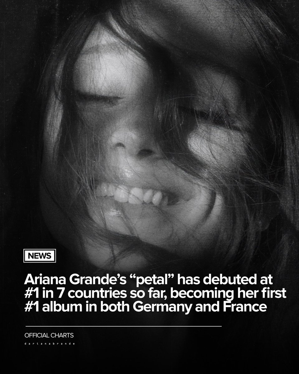 darianabrande's tweet photo. Ariana Grande’s “petal” has reached #1 on 7 Official Charts so far:

1. Austria 
1. Australia (6th #1 album)
1. France (1st #1 album)
1. Germany (1st #1 album)
1. Ireland (6th #1 album)
1. New Zealand
1. Norway https://t.co/kThAuHLry7