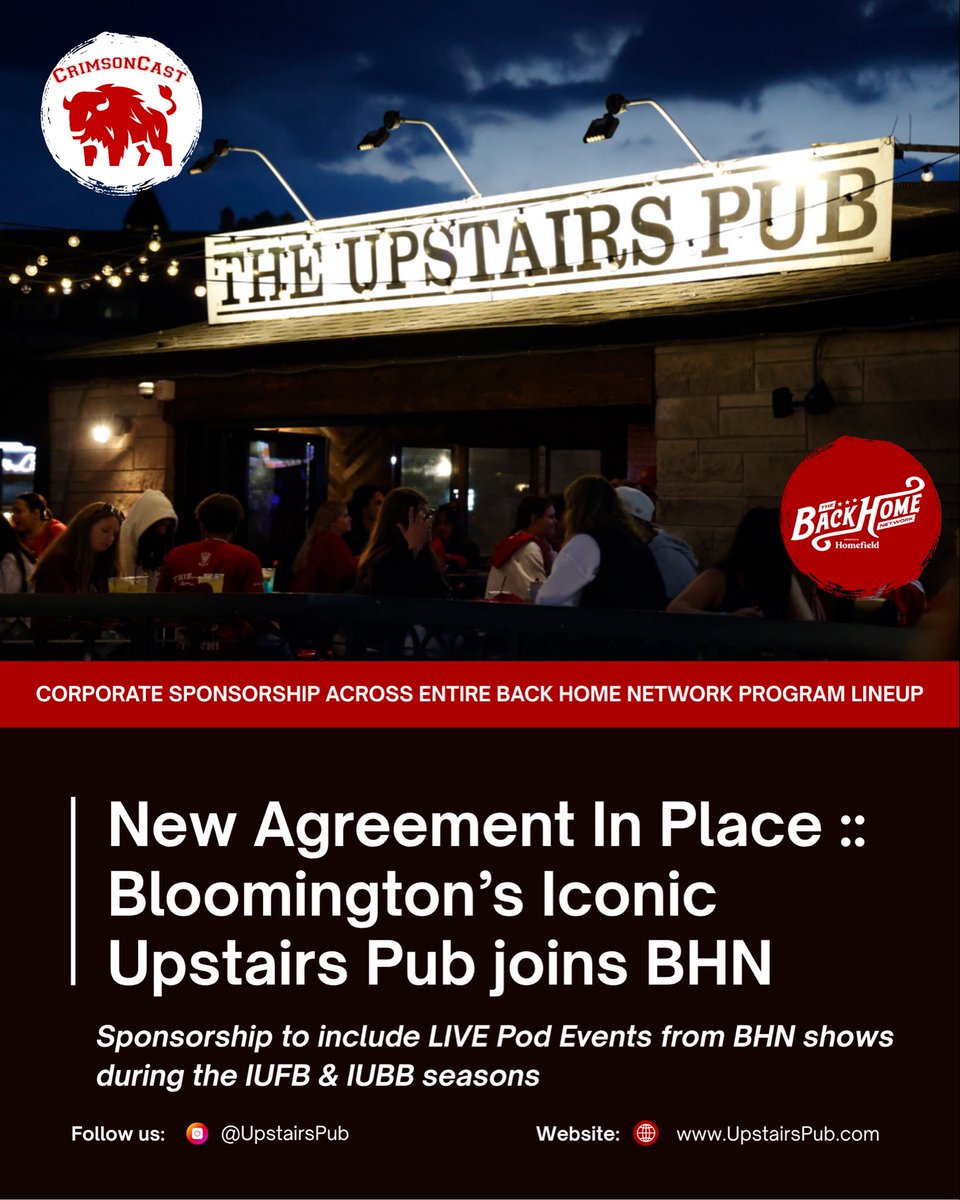 UpstairsPub_IU's tweet photo. 🚨ANNOUNCEMENT🚨

In an agreement finalized earlier this week, a longtime Bloomington staple and fan favorite of Alumni both new & old will officially become the latest addition to 'The Back Home Network'. 

The Upstairs Pub has officially become a corporate sponsor of BHN and all of its podcasts & long-form content across all platforms. 

The Indiana University themed network focuses primarily on IU sports and the fans that follow the Cream & Crimson. It provides them an outlet to connect to their beloved school, team and the smalltown that calls Indiana University home. 

The Back Home Network includes such IU-centric shows as the long running pods @CrimsonCast and @AssemblyCall as well as the @RhettNFL vehicle 'Big Red Carpet'. It also boasts the @thetriciasydneyshow - hosted by former IUWBB standout and @BigTenNetwork host @sydney_parrish and @AppleTV @MLB correspondent @TriciaWhitaker 

BHN network also plays host to several other IU sports related programs, ranging from 'Xs & Joe's', 'Doing The Work' and 'Football Weather' among others.

The newly formed partnership will also introduce a new podcast to the BHN family of shows, as @BeyondBTown will be reborn, reimagined and absorbed into the IU pod orbit once again. 

Look for The Upstairs Pub content and announcements during the shows across BHN beginning this weekend !!