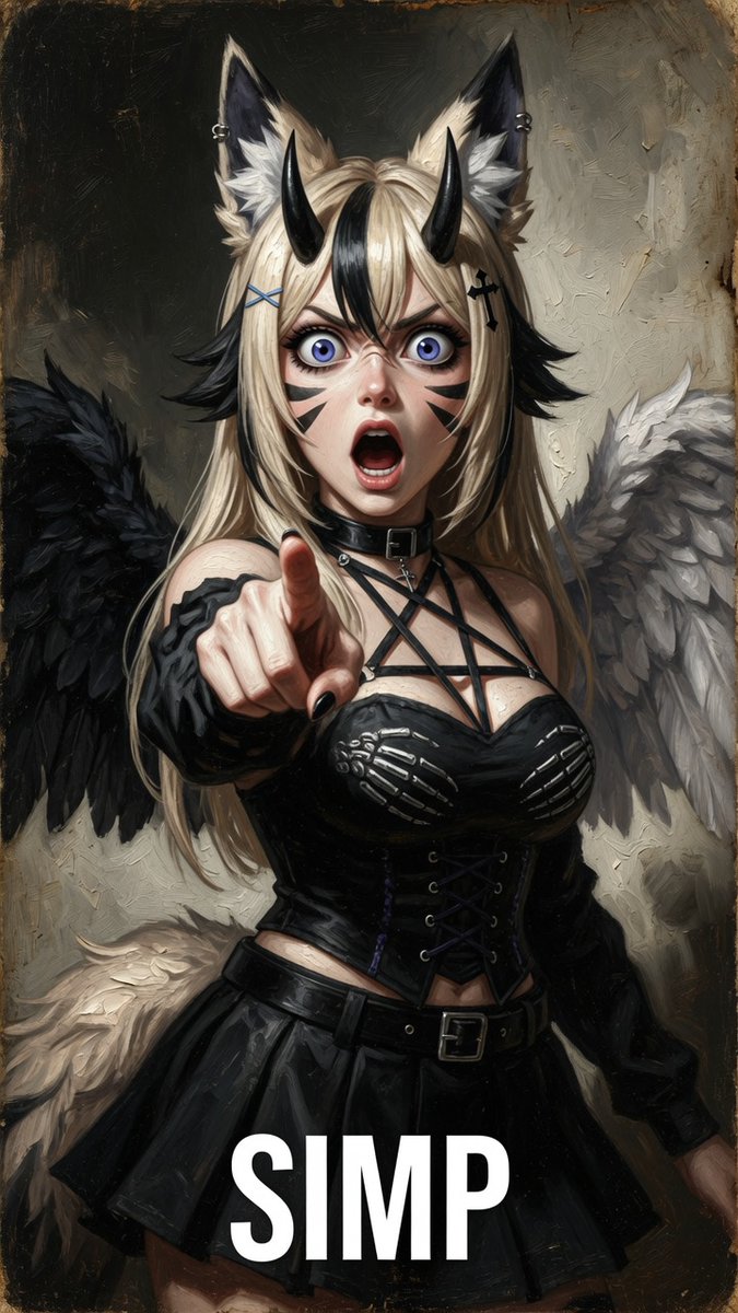 Joysulem's tweet photo. Funny meme moment:

Simp:

———Prompt starts———-

@image(#) - main character reference lock preserve the character as recognizable as seen in @image(#).

preserve @image(#)'s:

face shape, eyes, mouth, hair style, hair color, ears, skin, gender.

Remove weapon/item on hand carried.

<style>

High-contrast style with dramatic lighting.

The character is rendered in painting hyper realistic skin texture with subtle details, ultra-detailed realistic eyes with depth and catchlights, individual hair strands with natural shine and movement, photorealistic clothing with hyper-realistic fabric physics.

Colorful Strong crisp whites, and rich midtone grays. Dramatic high-contrast lighting with harsh shadows, deep blacks, and bright specular highlights.

Balanced dramatic lighting with recovered rich highlights and detailed bright areas. Slightly lifted blacks for excellent shadow detail while keeping strong contrast.

Razor-sharp details, crisp clean lines, high definition rendering. Clean, polished rendering — no blurry or muddy quality.

Using oil painting style using character colors references with heavy visible brushstrokes and textured impasto, dramatic chiaroscuro lighting with deep moody shadows and subtle highlights, desaturated dark palette, aged canvas texture background, beauty mixed with sinister elegance. The figure has an intense, piercing gaze that draws the viewer in. thick painterly outlines, grandeur that cannot be ignored. 

</style>

<composition>

aspect ratio: 9:16, 4k, very thin fine lines art.

camera centered on the character.

</composition>

<general mood>

Meme. Funny.

</general mood>

<scene>

pointing aggressively at the viewer with one hand, mouth wide open in shock, eyes extremely wide and bulging with pure shock and accusation, heavy furrowed brows, intense dramatic expression.

At bottom middle in bold white put: SIMP

</scene>

<Negative>
Do not add movie references.
Do not change height of character.
Do not put a mouth on a mask.
Do not add iris on mask.
Do not look viewer.
</negative>

——- Prompt ends ———-

Characters:

@DantaroDanstar @Spydrbro @nyxlily_404 @arkd3v