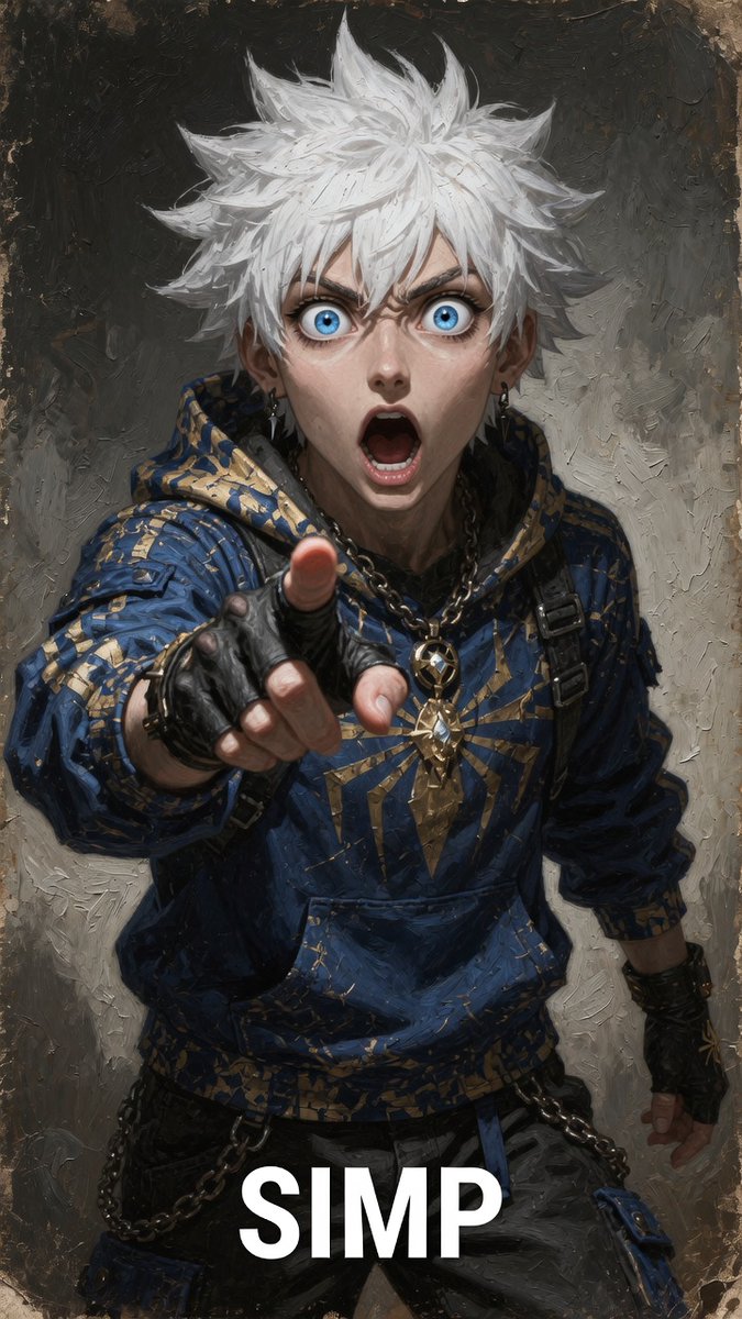 Joysulem's tweet photo. Funny meme moment:

Simp:

———Prompt starts———-

@image(#) - main character reference lock preserve the character as recognizable as seen in @image(#).

preserve @image(#)'s:

face shape, eyes, mouth, hair style, hair color, ears, skin, gender.

Remove weapon/item on hand carried.

<style>

High-contrast style with dramatic lighting.

The character is rendered in painting hyper realistic skin texture with subtle details, ultra-detailed realistic eyes with depth and catchlights, individual hair strands with natural shine and movement, photorealistic clothing with hyper-realistic fabric physics.

Colorful Strong crisp whites, and rich midtone grays. Dramatic high-contrast lighting with harsh shadows, deep blacks, and bright specular highlights.

Balanced dramatic lighting with recovered rich highlights and detailed bright areas. Slightly lifted blacks for excellent shadow detail while keeping strong contrast.

Razor-sharp details, crisp clean lines, high definition rendering. Clean, polished rendering — no blurry or muddy quality.

Using oil painting style using character colors references with heavy visible brushstrokes and textured impasto, dramatic chiaroscuro lighting with deep moody shadows and subtle highlights, desaturated dark palette, aged canvas texture background, beauty mixed with sinister elegance. The figure has an intense, piercing gaze that draws the viewer in. thick painterly outlines, grandeur that cannot be ignored. 

</style>

<composition>

aspect ratio: 9:16, 4k, very thin fine lines art.

camera centered on the character.

</composition>

<general mood>

Meme. Funny.

</general mood>

<scene>

pointing aggressively at the viewer with one hand, mouth wide open in shock, eyes extremely wide and bulging with pure shock and accusation, heavy furrowed brows, intense dramatic expression.

At bottom middle in bold white put: SIMP

</scene>

<Negative>
Do not add movie references.
Do not change height of character.
Do not put a mouth on a mask.
Do not add iris on mask.
Do not look viewer.
</negative>

——- Prompt ends ———-

Characters:

@DantaroDanstar @Spydrbro @nyxlily_404 @arkd3v