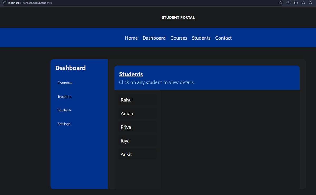 itstarunsen's tweet photo. Built a Student Portal while learning React Router.

Features:
• Nested Routes
• Dynamic Routes (:id)
• useParams()
• Outlet
• 404 Page https://t.co/MkkEqvVgZK