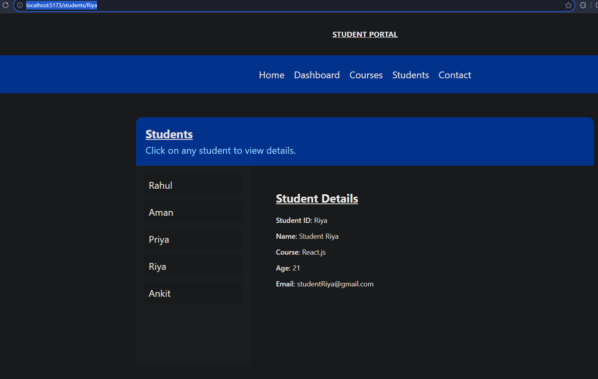 itstarunsen's tweet photo. Built a Student Portal while learning React Router.

Features:
• Nested Routes
• Dynamic Routes (:id)
• useParams()
• Outlet
• 404 Page https://t.co/MkkEqvVgZK