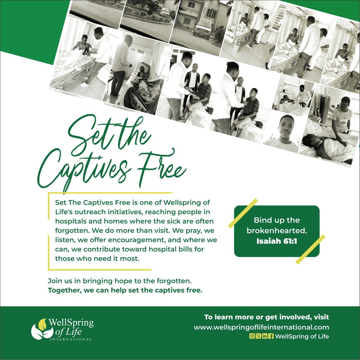 WellSpring_Life's tweet photo. Our Set The Captives Free outreach remains one of the clearest expressions of Wellspring of Life's mission, hospital and home visits where our teams offer prayer, presence and financial support toward medical bills for those who need it most.
#SetTheCaptivesFree #WellspringOfLife https://t.co/kQ4e3wMVHz