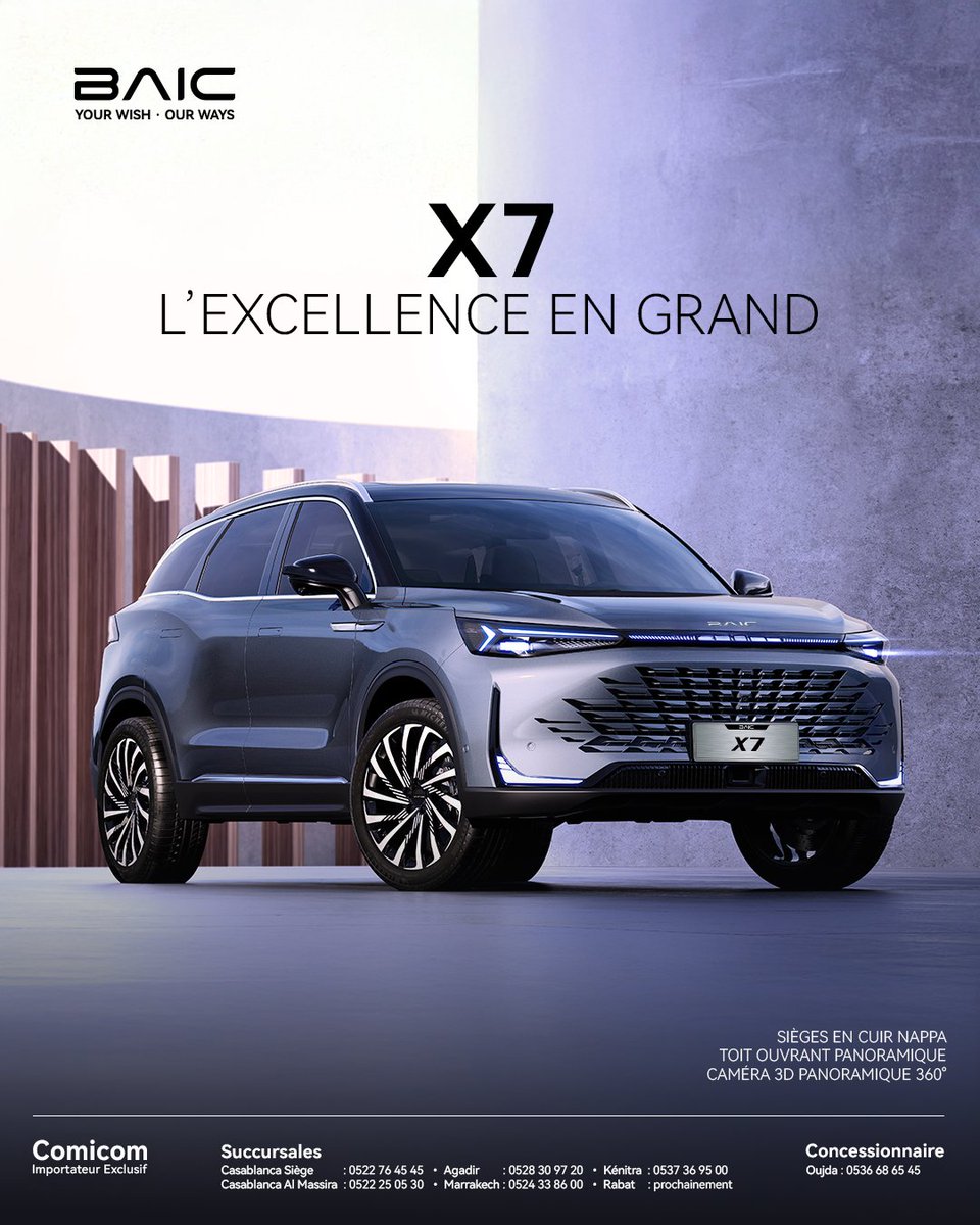 BaicMaroc's tweet photo. L'élégance rencontre la performance. Avec son design affirmé, ses technologies intelligentes et son confort premium, le SUV BAIC X7 est conçu pour ceux qui aiment se démarquer.
Découvrez le sur : https://t.co/gE3zZu49o9
Ou contactez nous sur le numéro suivant : ☎ 05.22.76.45.45 https://t.co/g2Cj2bpPEo