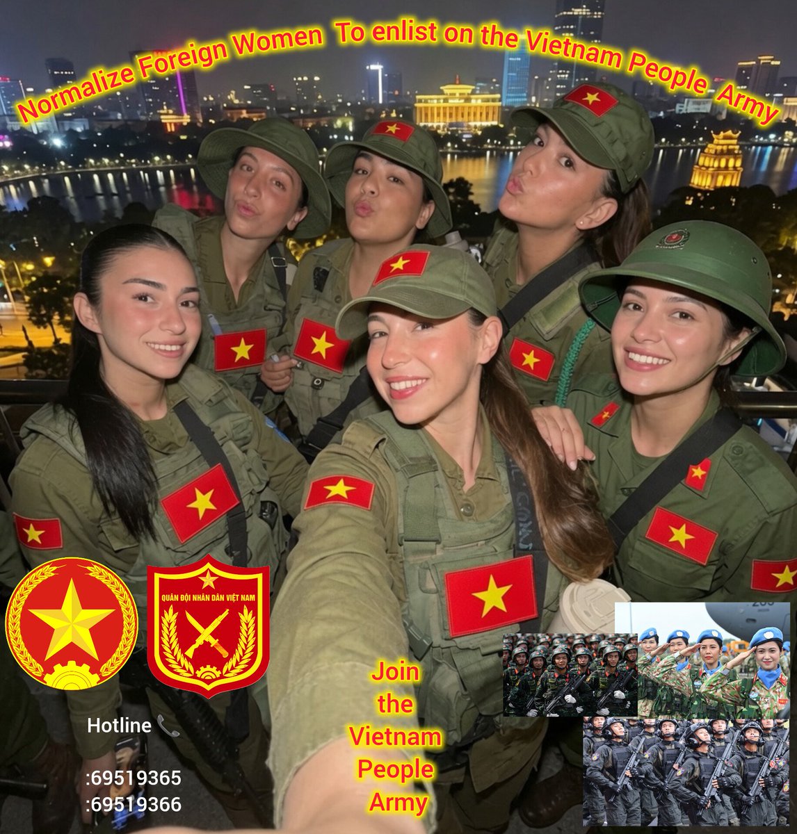 comrade98984's tweet photo. I rather see foreign women like from US or Israel enlist on vietnam army then being enlist on there country army why is overrated and those two countries have bad reputation anyway.
#Edit #MilitaryPoster #VietnamPeopleArmy #Vietnam #ForeignWomen https://t.co/W1czaI0GNr