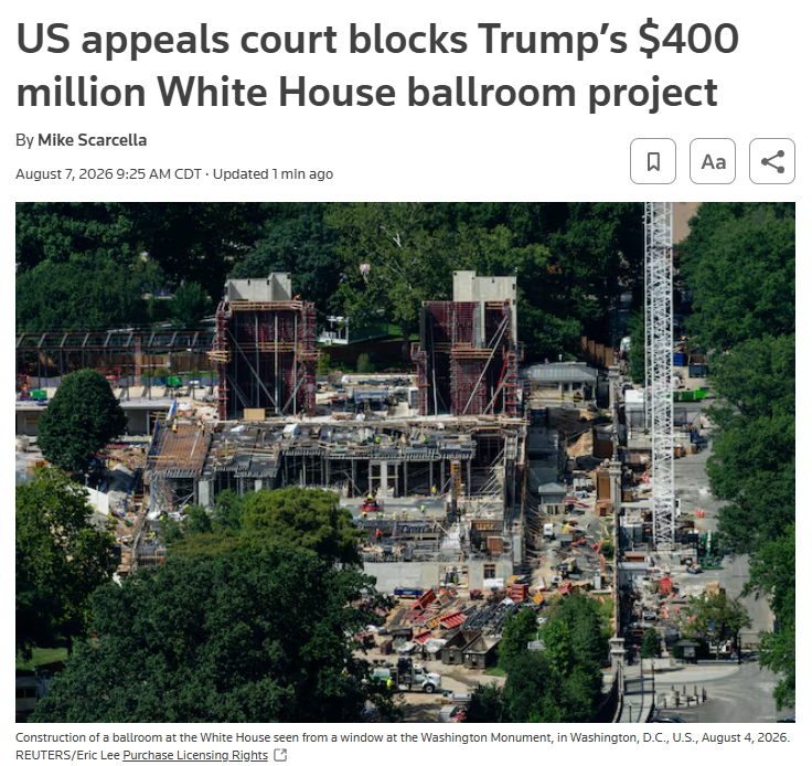 GuntherEagleman's tweet photo. 🚨 FEDERAL COURT JUST HALTED TRUMP’S WHITE HOUSE BALLROOM

A federal appeals court has ordered President Trump to stop all construction on the White House ballroom until he gets Congressional approval.

This is pure obstruction.

The White House is the President’s residence and workplace. Forcing him to beg Congress for basic improvements is ridiculous.

Supreme Court needs to step in, overturn this nonsense, and let the work continue.

Enough with the lawfare.
