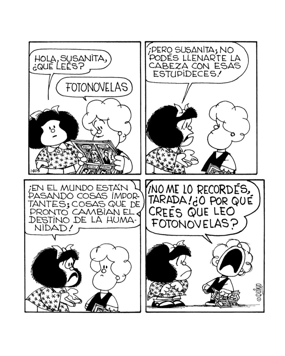 MafaldaDigital's tweet photo. «¡En el mundo están pasando cosas importantes; cosas que de pronto cambian el destino de la humanidad!». 🌎

#Mafalda #Quino https://t.co/0555O3hULx